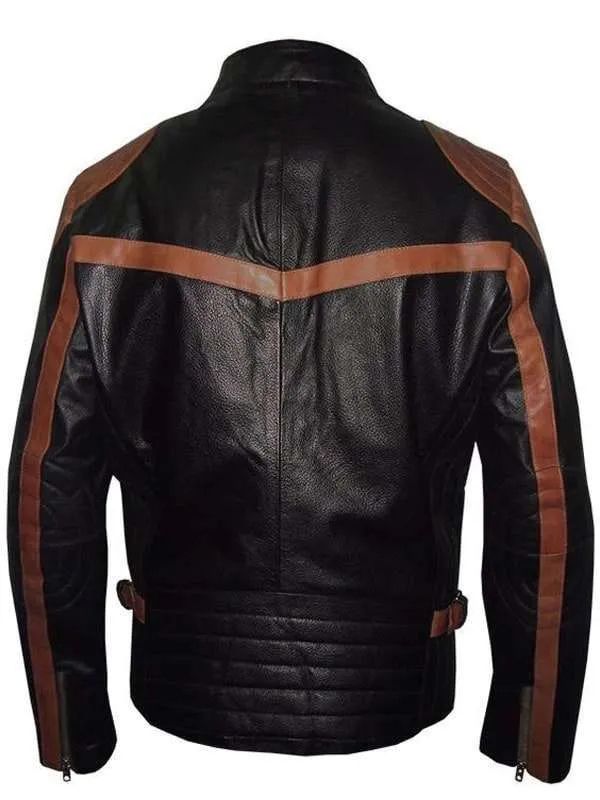 Cafe Racer Men Snap Tab Brown Strip Black Leather Jacket