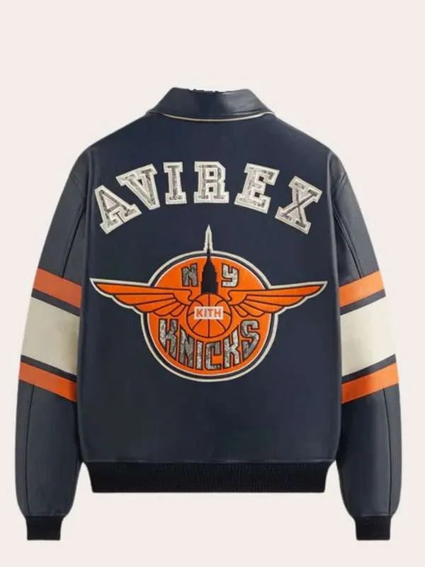 Kith x AVIREX New York Knicks Blue Leather Bomber Jacket