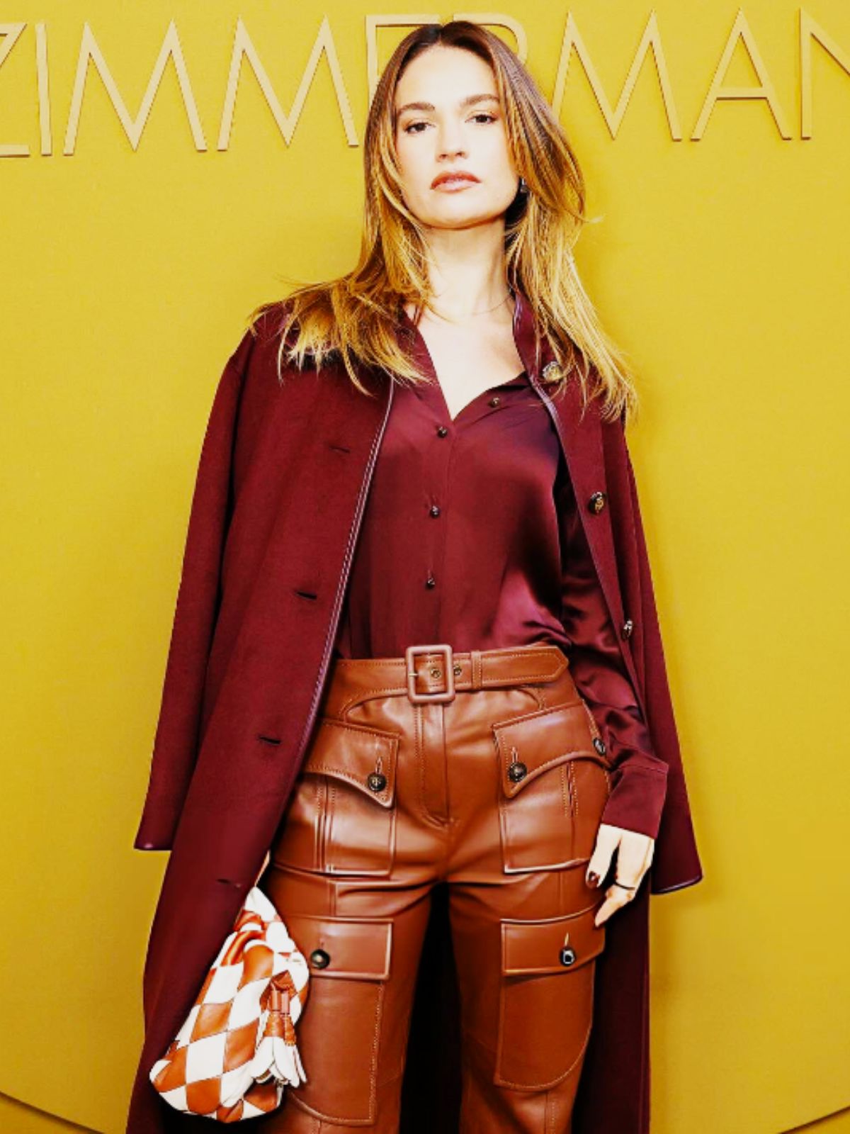 Lily James Paris Fashion Show Burgundy Wool Coat