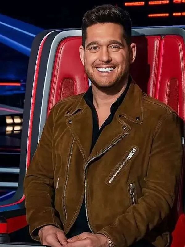 The Voice S28 Michael Bublé Brown Biker Suede Leather Jacket
