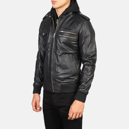 Men’s Bravado Black Hooded Bomber Leather Jacket