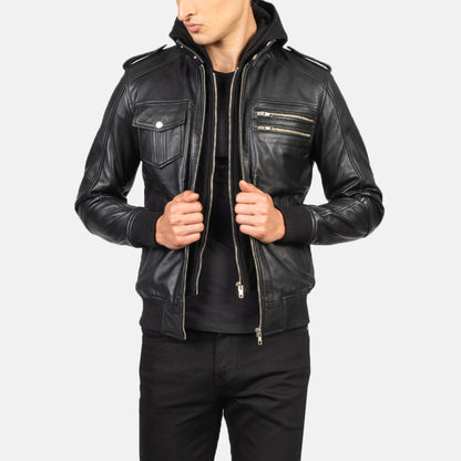 Men’s Bravado Black Hooded Bomber Leather Jacket