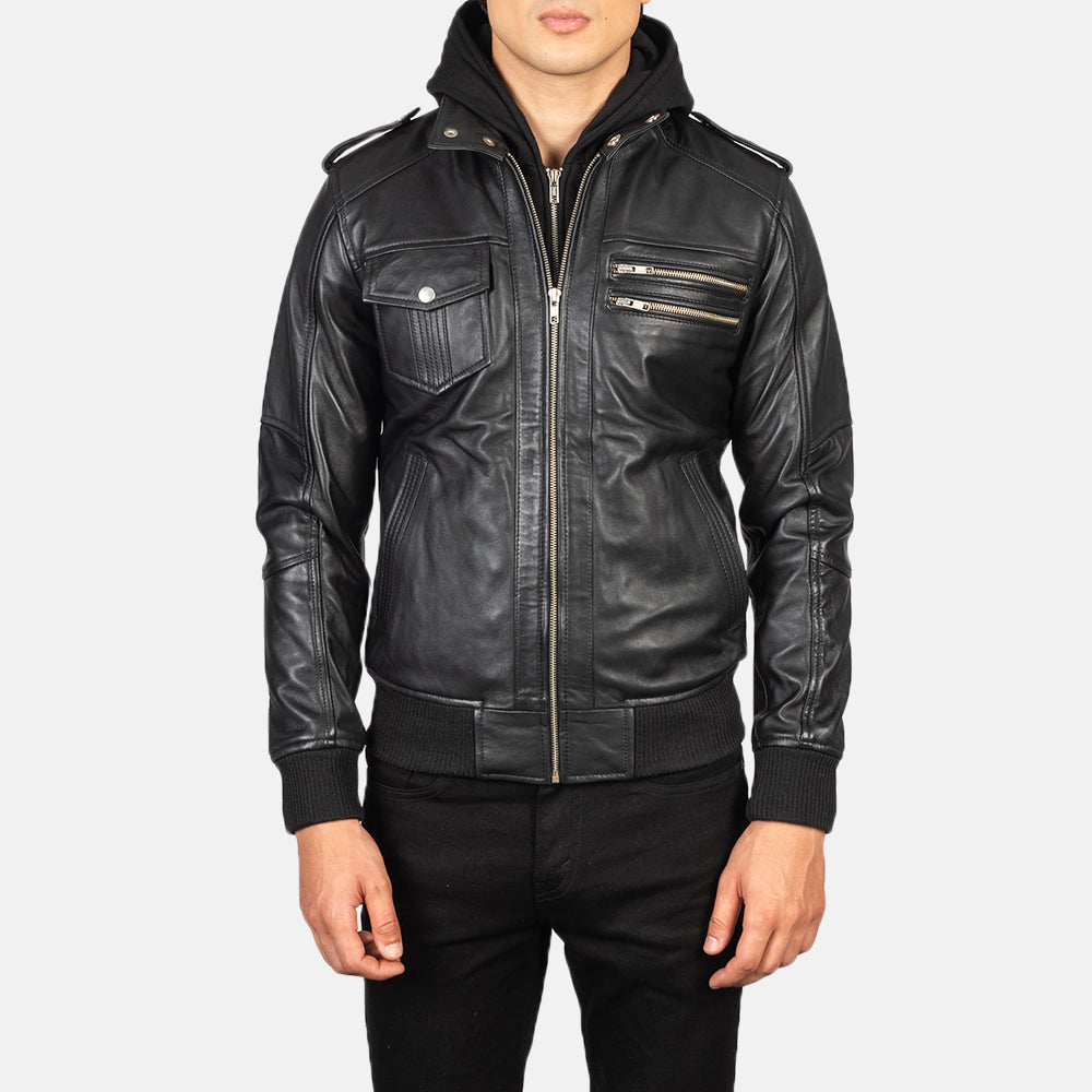 Men’s Bravado Black Hooded Bomber Leather Jacket