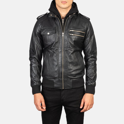 Men’s Bravado Black Hooded Bomber Leather Jacket