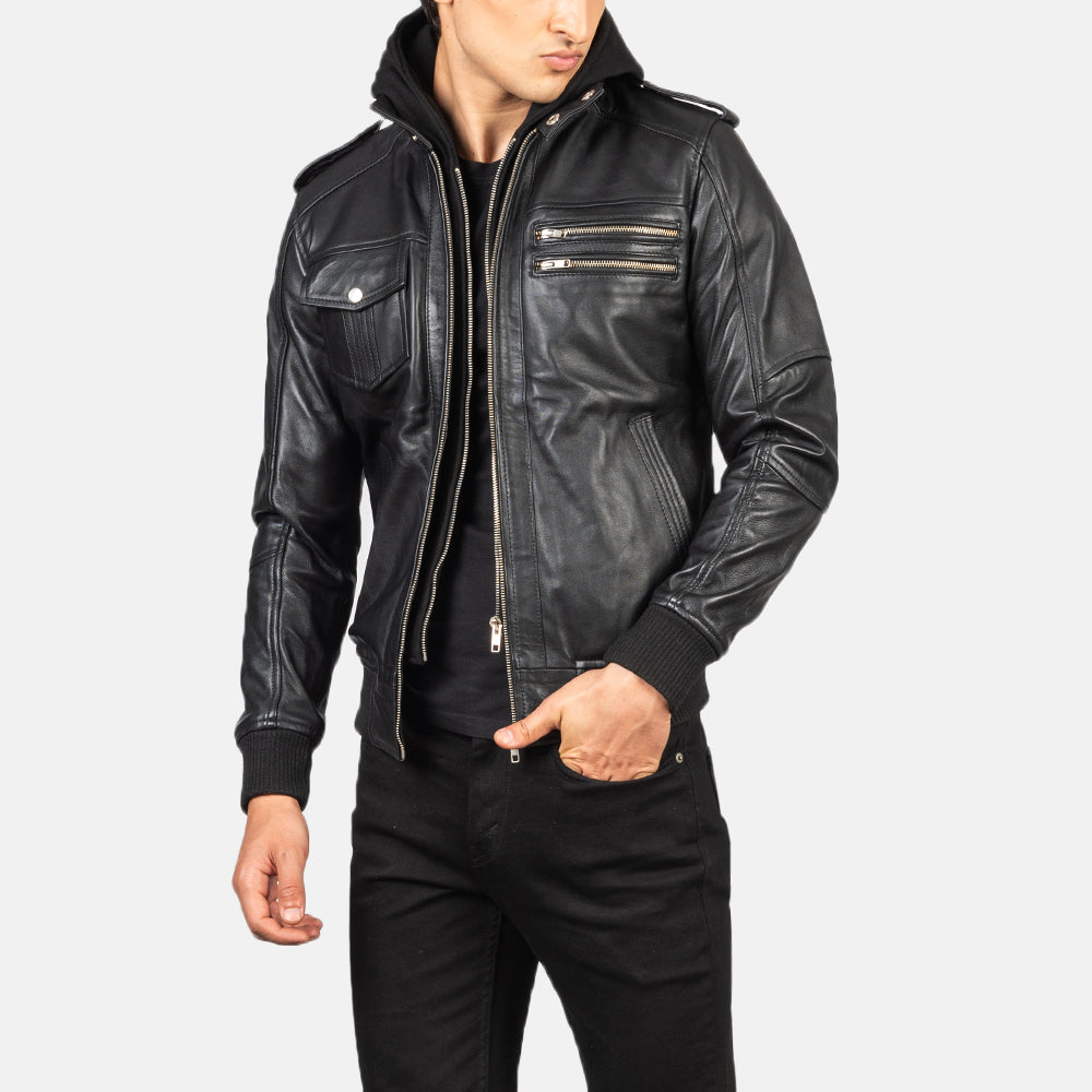 Men’s Bravado Black Hooded Bomber Leather Jacket