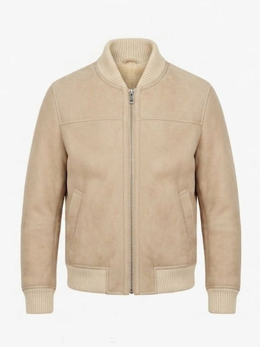 Aaron Beige Shearling Suede Leather Bomber Jacket