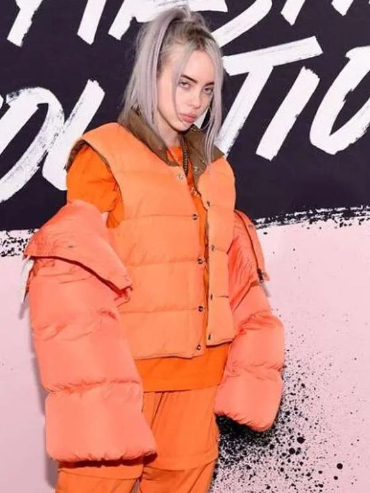 Bil­lie Eil­ish Singer Street Style Orange Puffer Vest Jacket