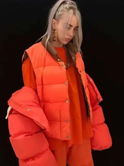 Bil­lie Eil­ish Singer Street Style Orange Puffer Vest Jacket