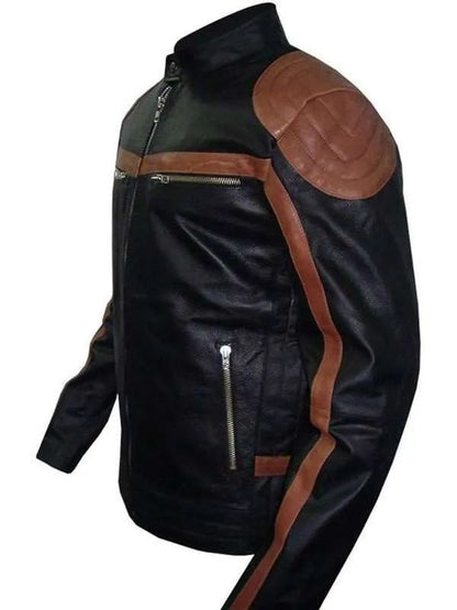 Cafe Racer Men Snap Tab Brown Strip Black Leather Jacket