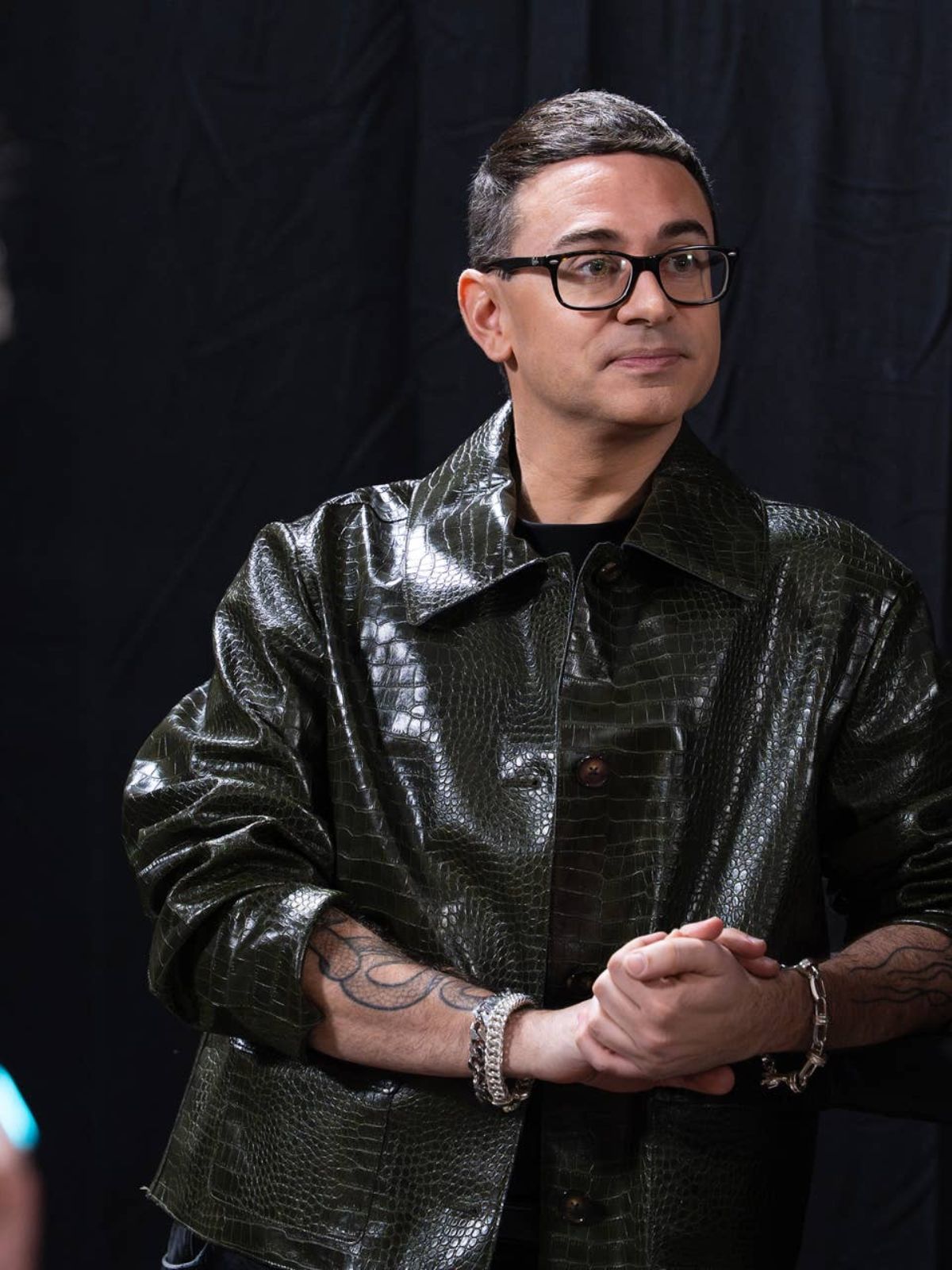 Christian Siriano Project Runway Crocodile Textured Olive Green Leather Jacket