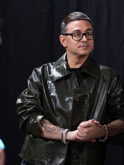 Christian Siriano Project Runway Crocodile Textured Olive Green Leather Jacket