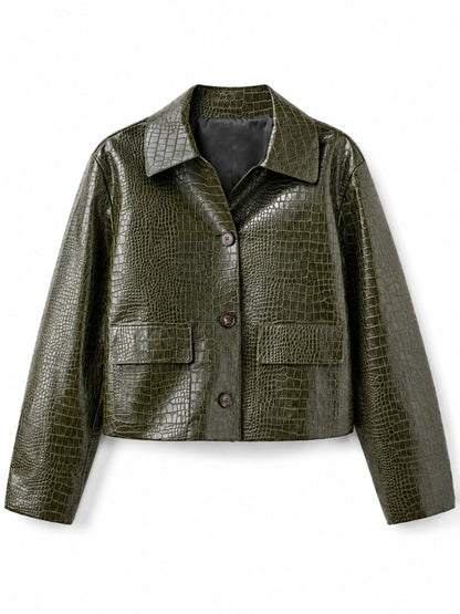 Christian Siriano Project Runway Crocodile Textured Olive Green Leather Jacket