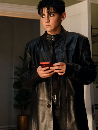Cooper Turner Trying Black Leather Coat