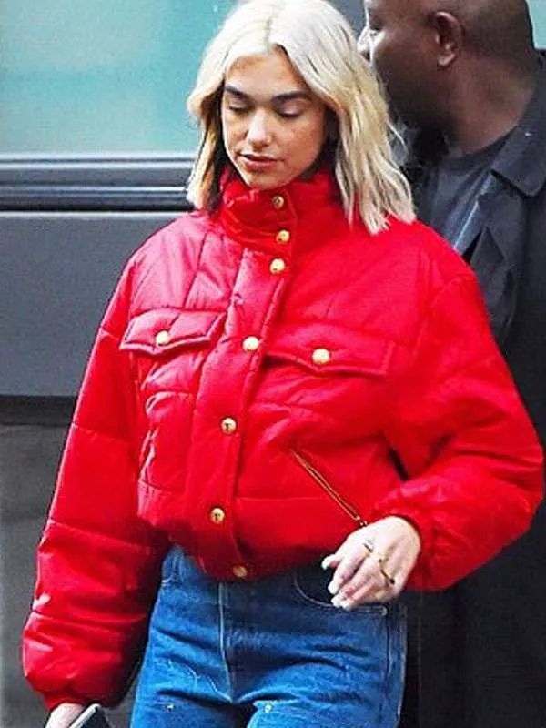 Dua Lipa Finale of The Voice Los Angeles Red Puffer Jacket