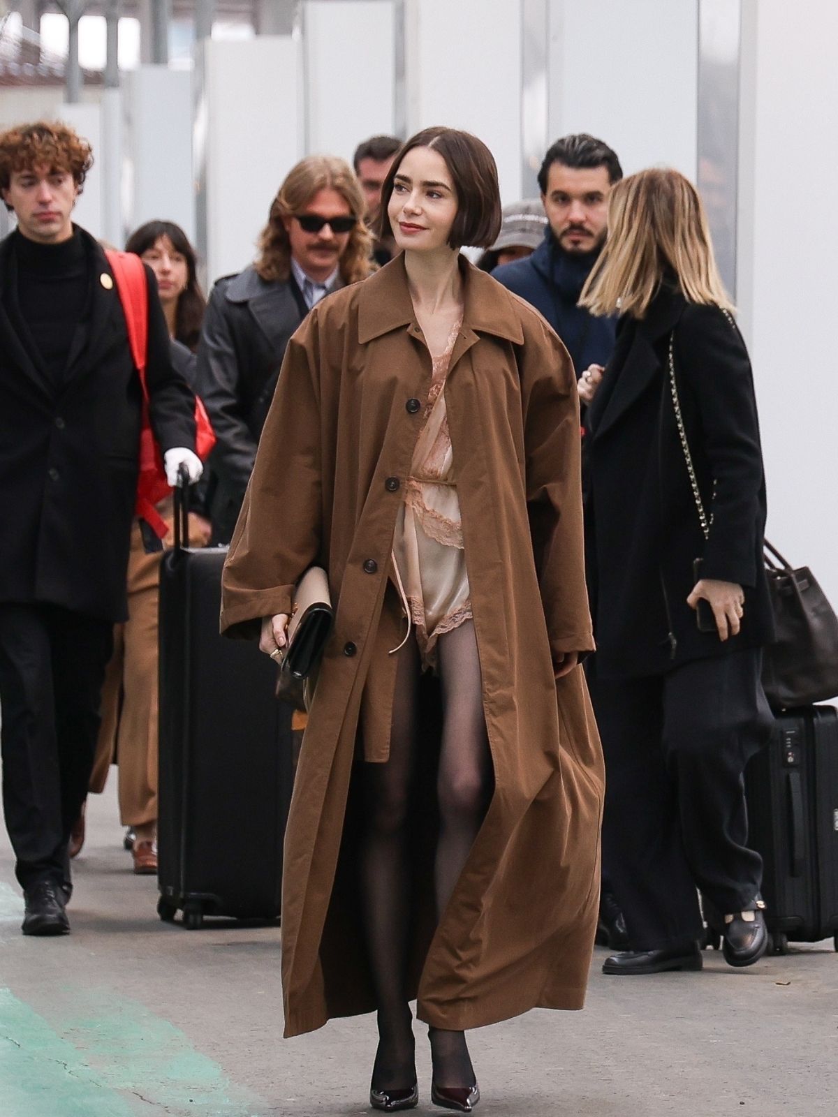 Emily in Paris Lily Collins Brown Long Cotton Coat
