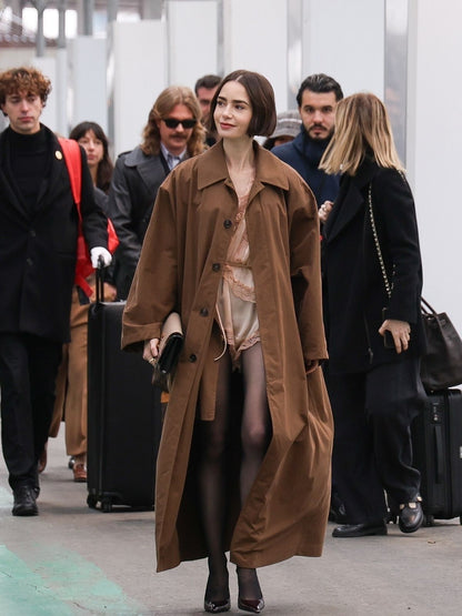 Emily in Paris Lily Collins Brown Long Cotton Coat