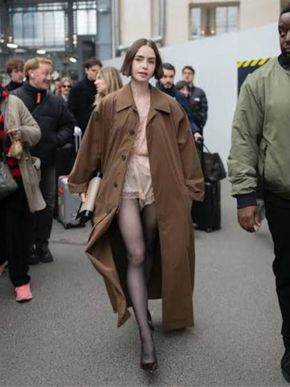 Emily in Paris Lily Collins Brown Long Cotton Coat