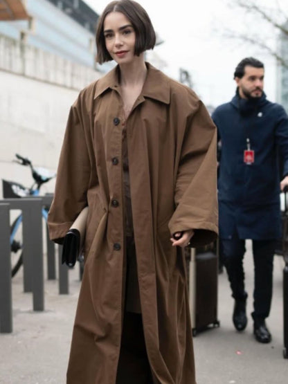 Emily in Paris Lily Collins Brown Long Cotton Coat