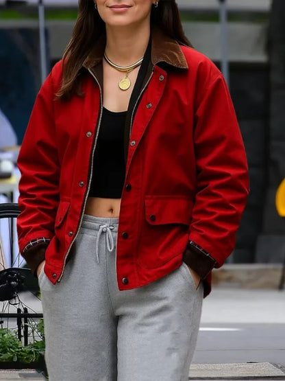 Emily Ratajkowski Red Cotton Bomber Jacket