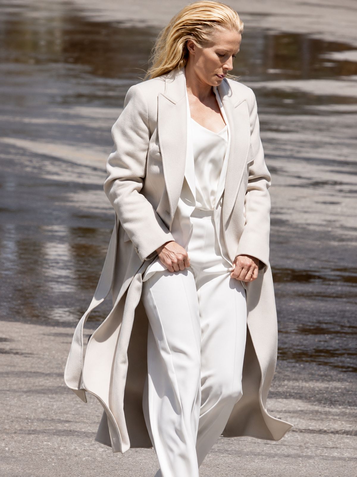 Gillian Anderson Animals Off White Wool Trench Coat