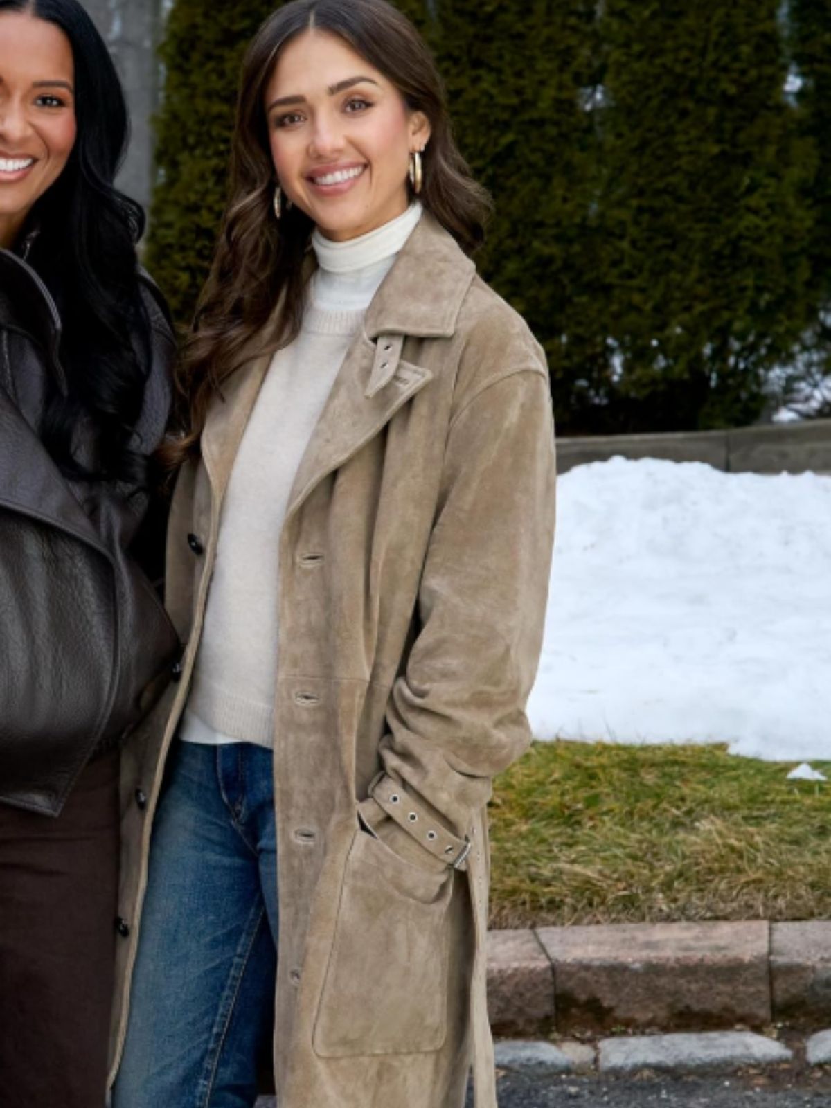 Jessica Alba Honest Renovations Beige Suede Leather Trench Coat