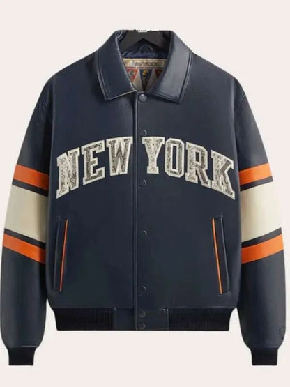 Kith x AVIREX New York Knicks Blue Leather Bomber Jacket