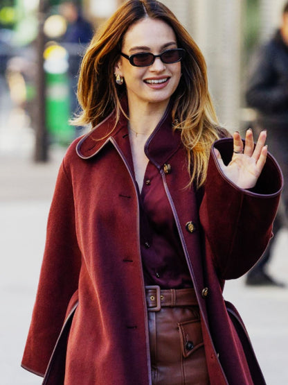 Lily James Paris Fashion Show Burgundy Wool Coat