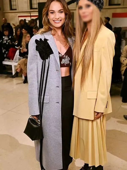 London Fashion Show Lily James Gray Wool Coat