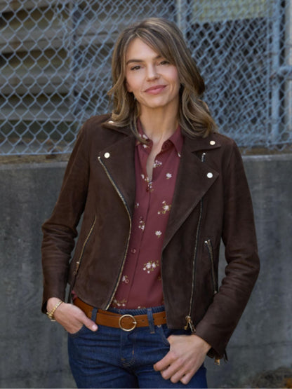 Love Finds You Aimee Teegarden Brown Suede Leather Biker Jacket