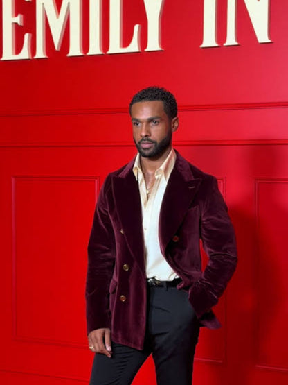 Lucien Laviscount Emily in Paris Burgundy Velvet Blazer