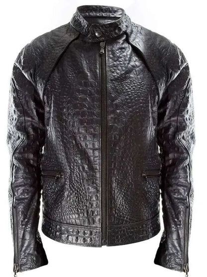 Men Crocodile Textured Black Leather Jacket 