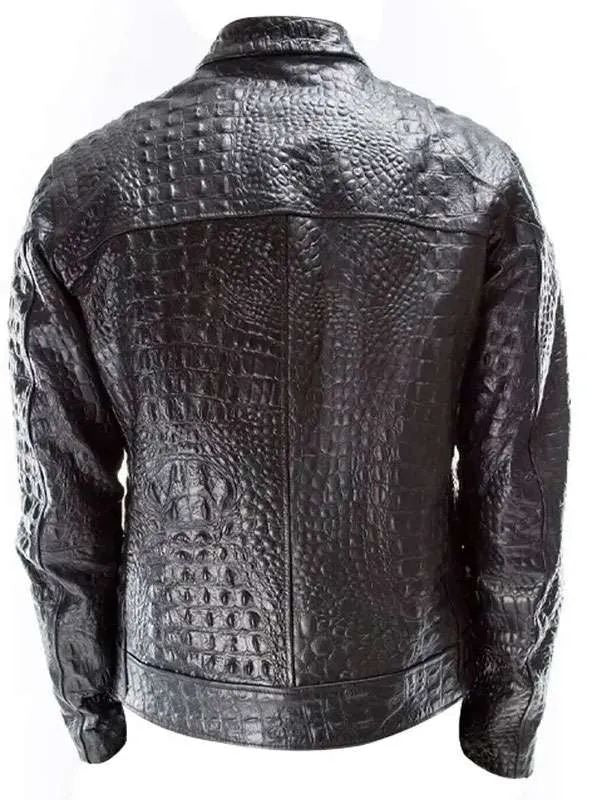 Men Crocodile Textured Black Leather Jacket 