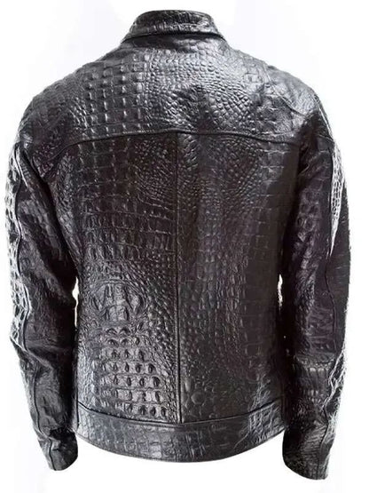 Men Crocodile Textured Black Leather Jacket 