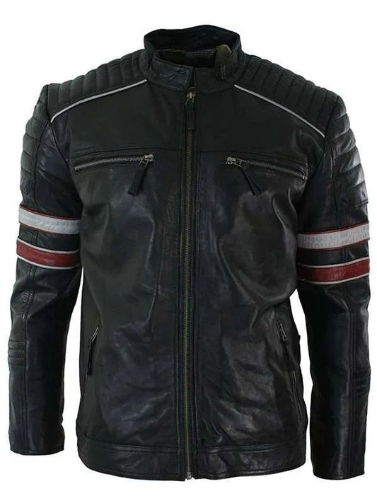 Men’s Cafe Racer Red and White Stripes Black Leather Jacket