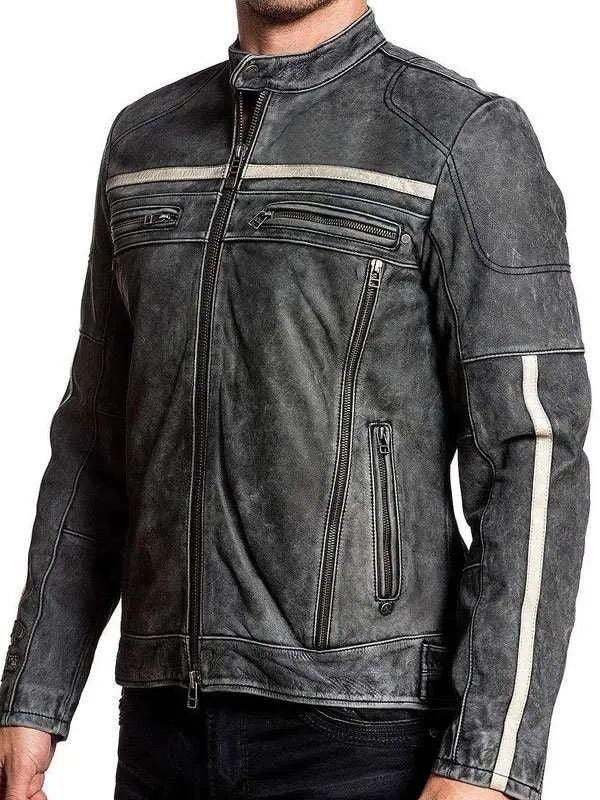 Men’s Distressed Black Leather Cafe Racer Style Jacket