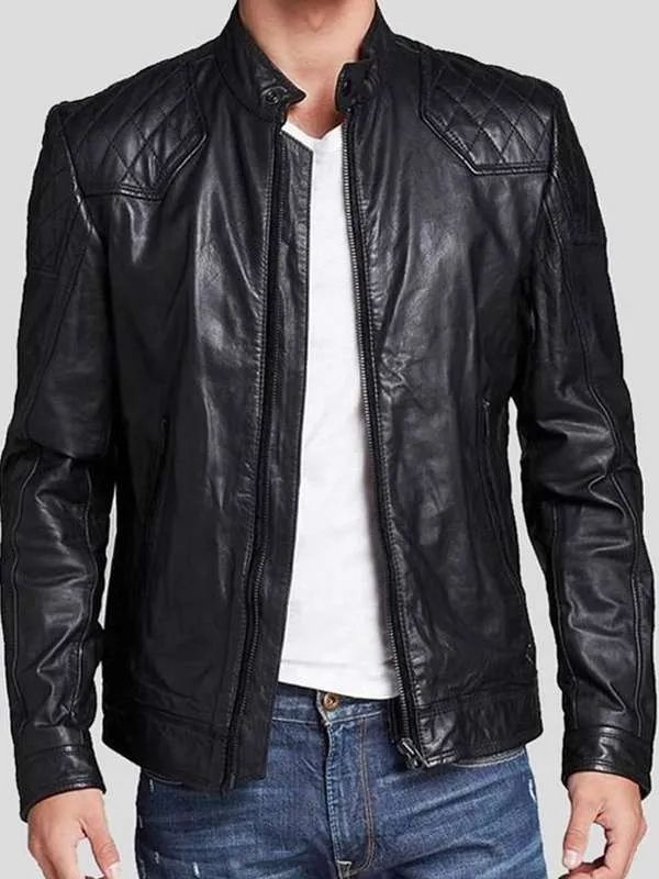 Men Snap Tab Black Quilted Real Leather Jacket