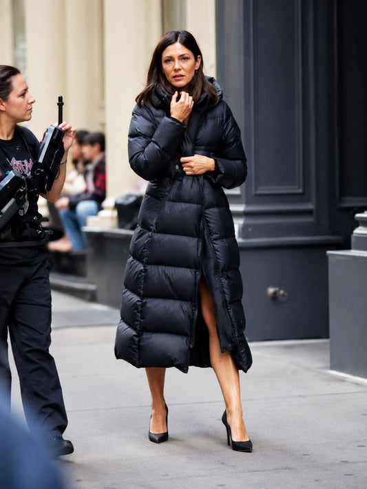 Monica Barbaro One Night Only Black Puffer Hooded Coat