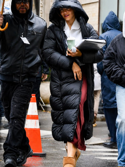 Monica Barbaro One Night Only Black Puffer Hooded Coat