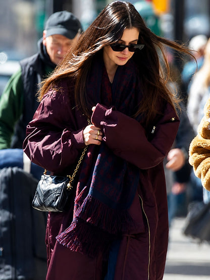 New York City Anne Hathaway Burgundy Bomber Long Coat