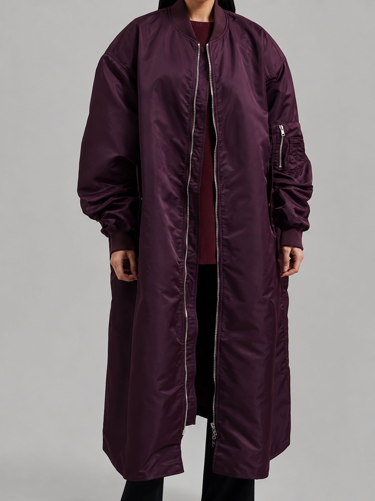 New York City Anne Hathaway Burgundy Bomber Long Coat