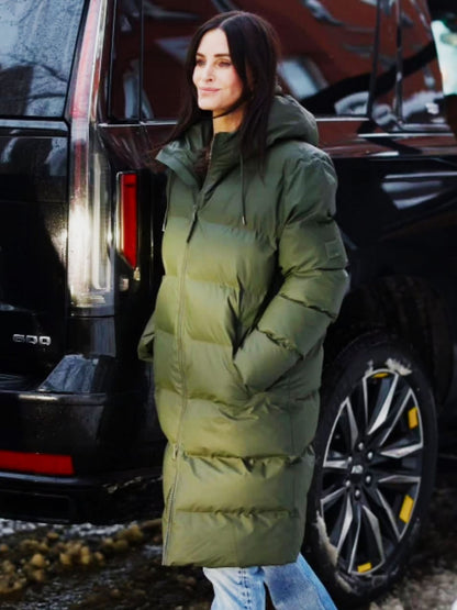 New York City Courteney Cox Green Puffer Hooded Coat
