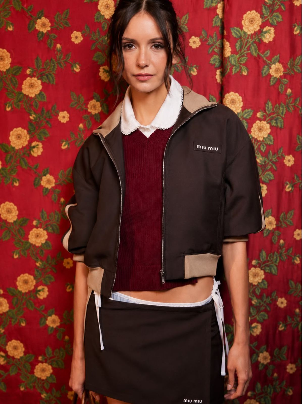 Nina Dobrev Paris Fashion Week Brown Bomber Jacket