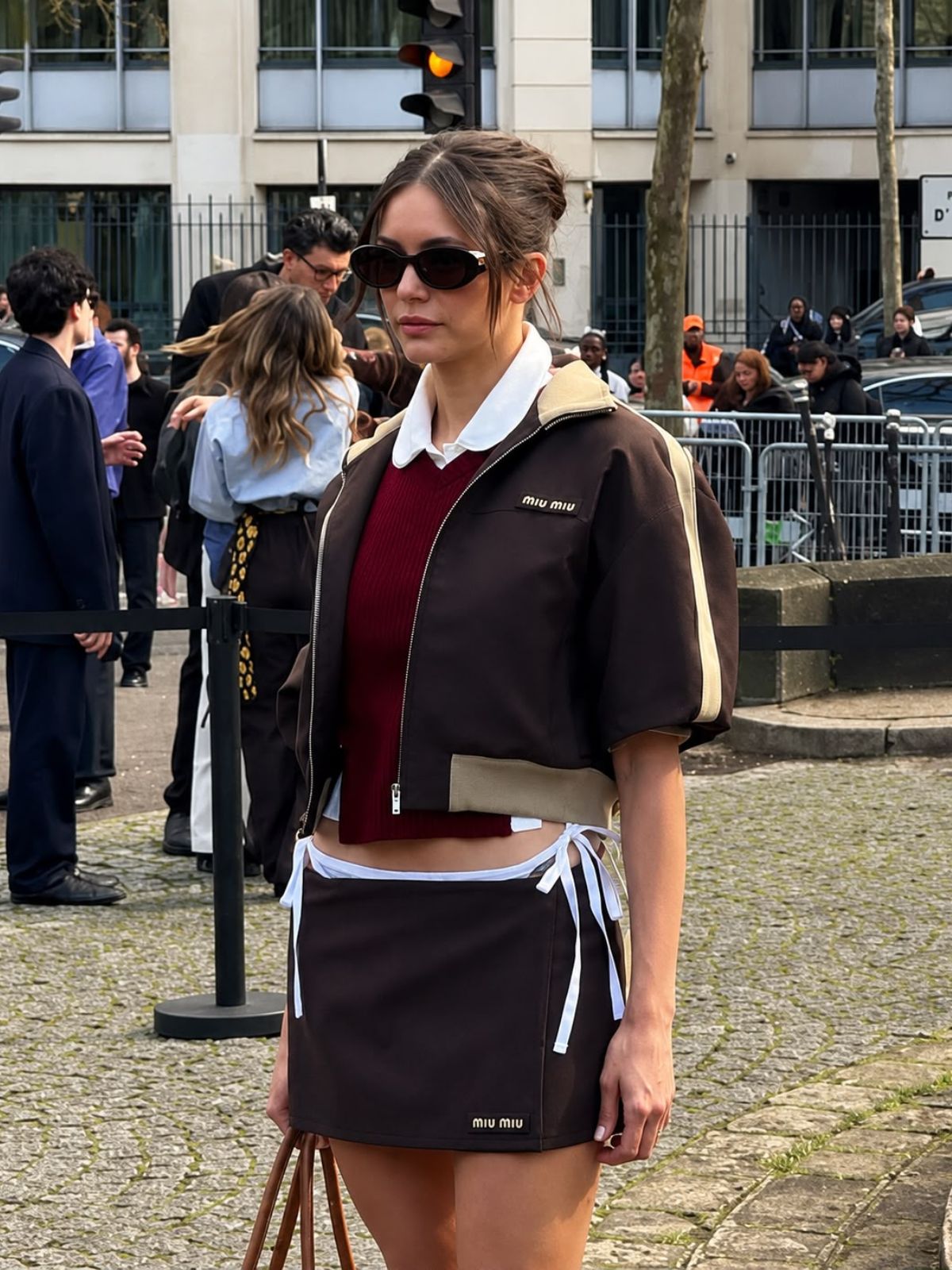 Nina Dobrev Paris Fashion Week Brown Bomber Jacket