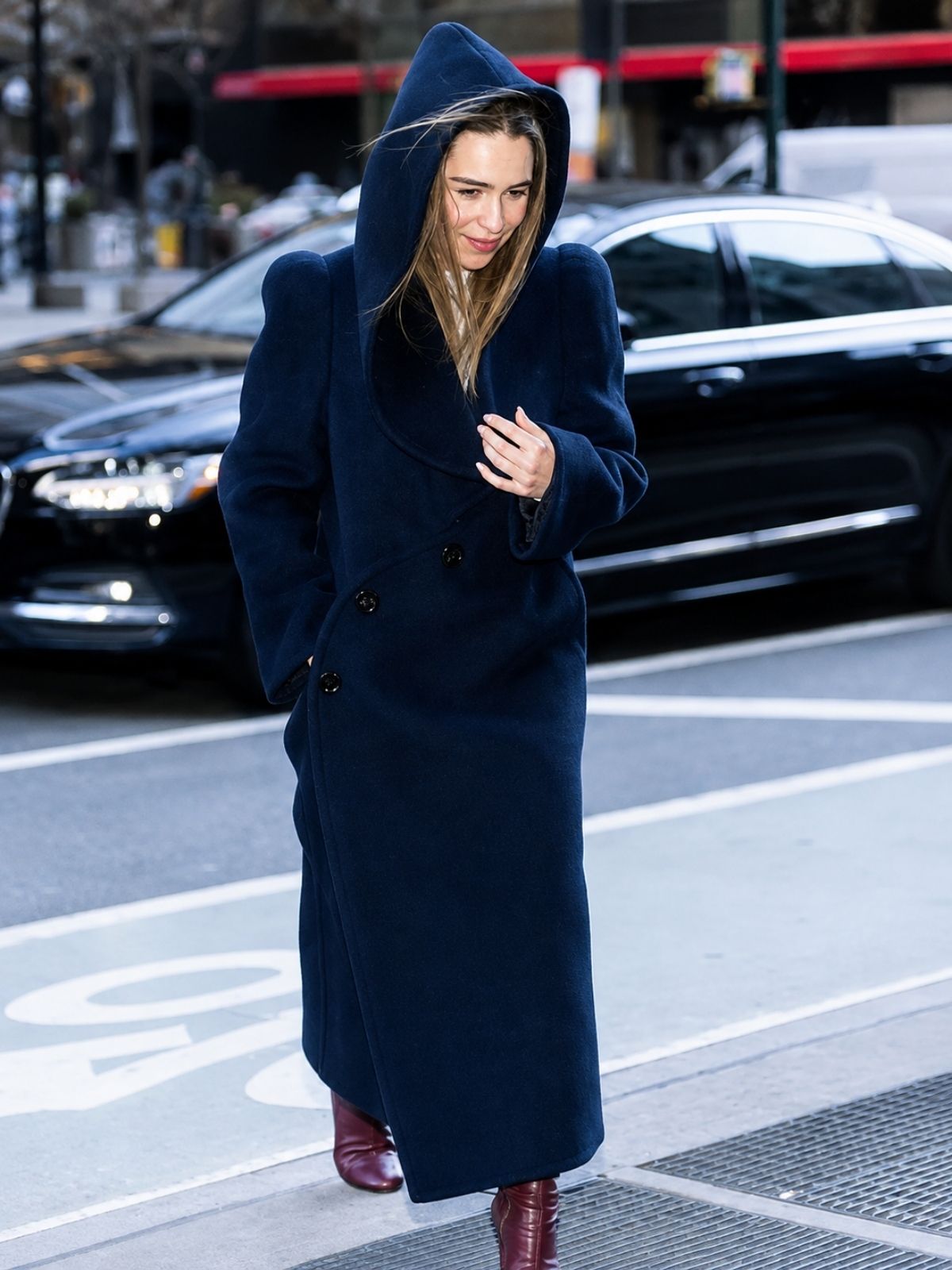 NYC Emilia Clarke Blue Hooded Coat