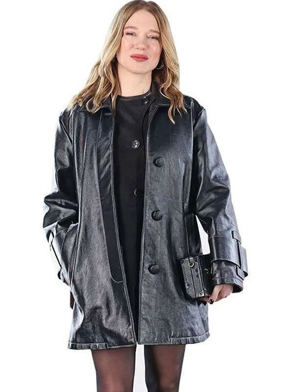 Paris Fashion Week Léa Seydoux Black Leather Coat