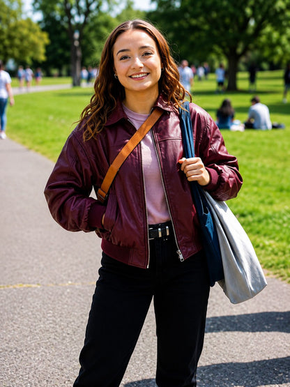 Ruby Stokes Below Burgundy Bomber Leather Jacket
