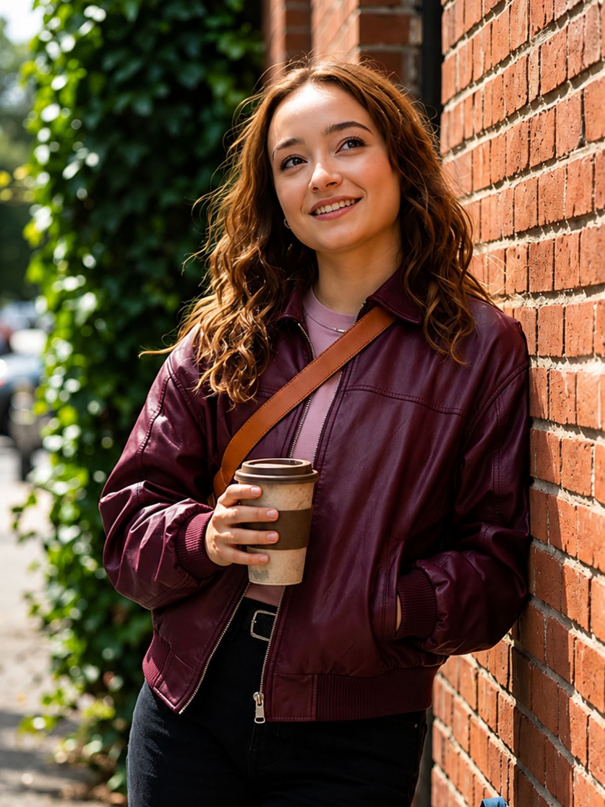 Ruby Stokes Below Burgundy Bomber Leather Jacket