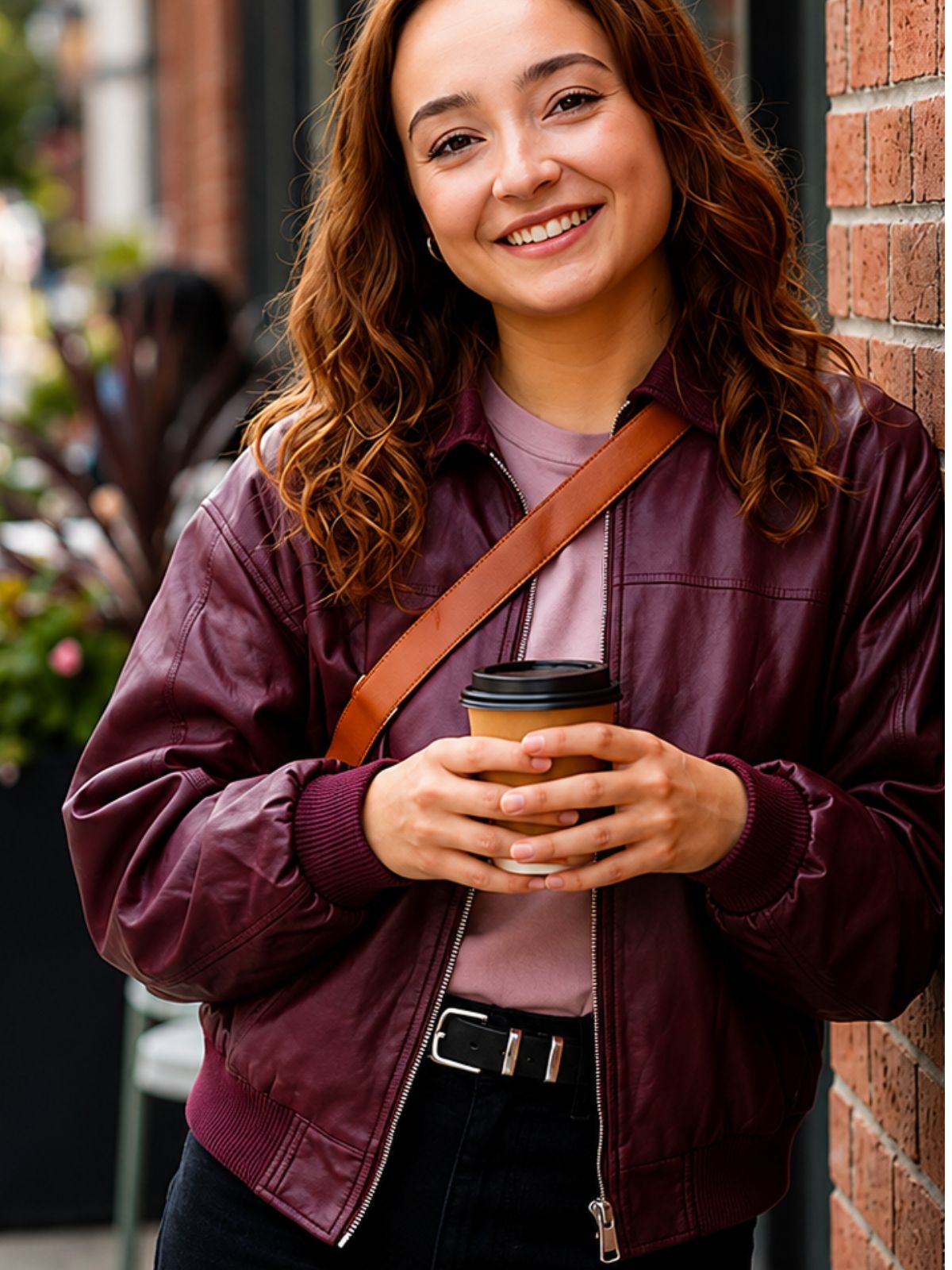 Ruby Stokes Below Burgundy Bomber Leather Jacket