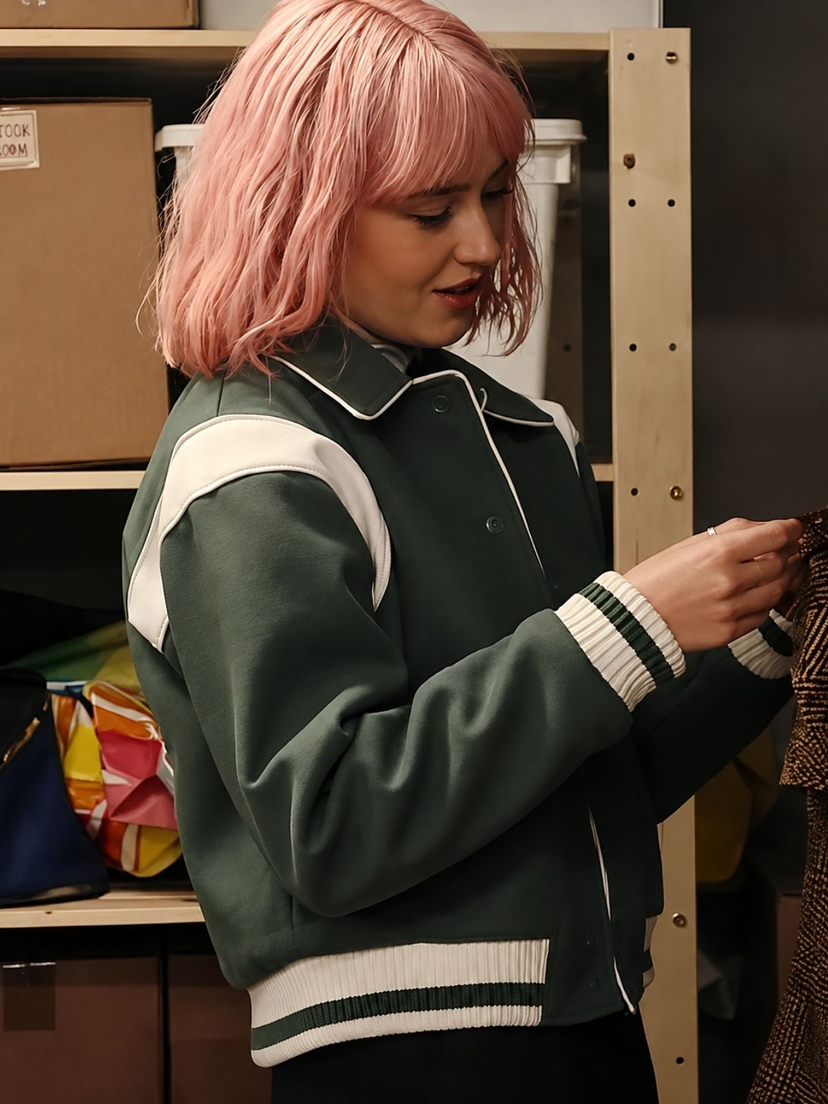 Scarlett Rayner Trying Green Varsity Bomber Jacket