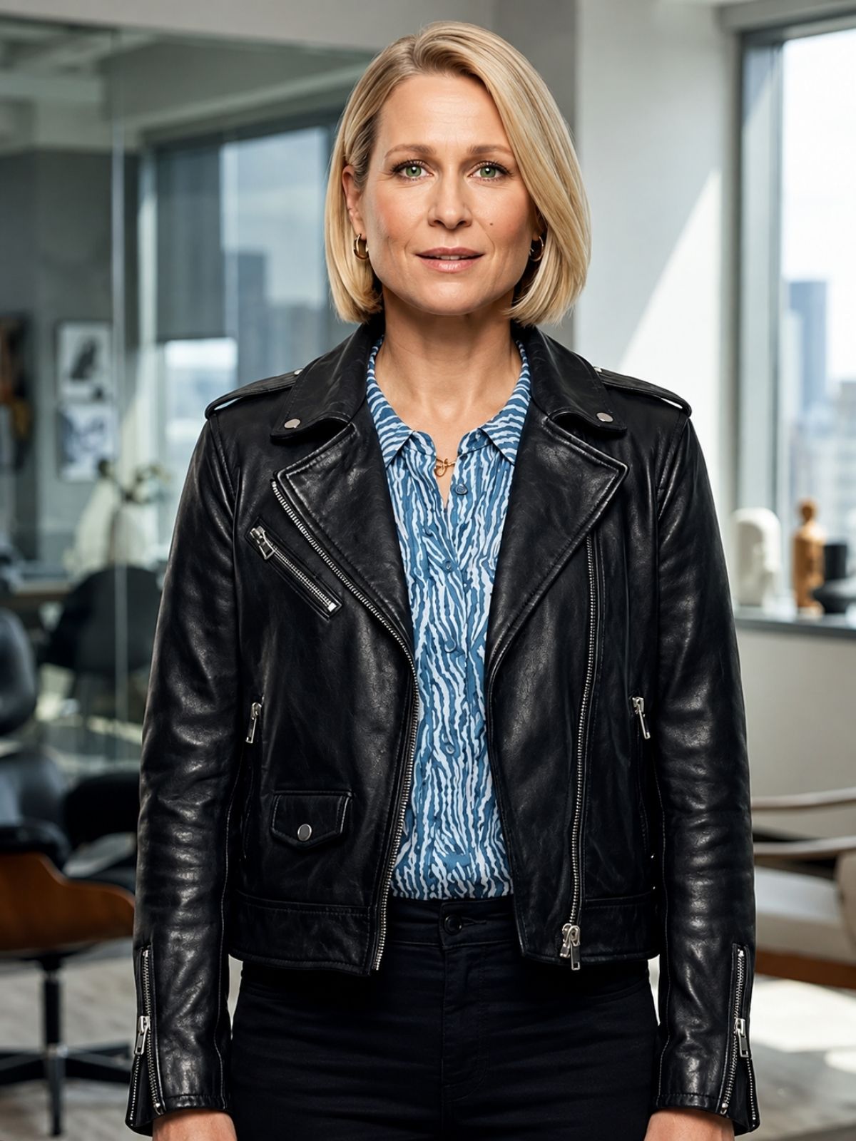 Sian Brooke Trying Black Biker Leather Jacket